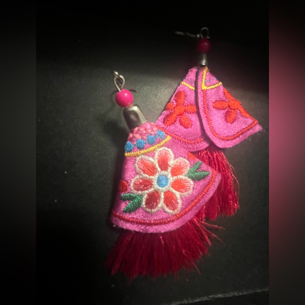 Handmade in Thailand Pink Floral Embroidered Statement Tassel Drop Earrings - Picture 4 of 4